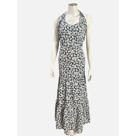 Pretty Garden M Navy White Floral Halter Backless Tiered Ruffle Maxi Boho Dress - Picture 2 of 11